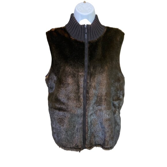 Emma James Faux Fur Vest L Black Brown Zip Up Sweater Knit Collar Y2K Cozy Goth - Picture 1 of 9